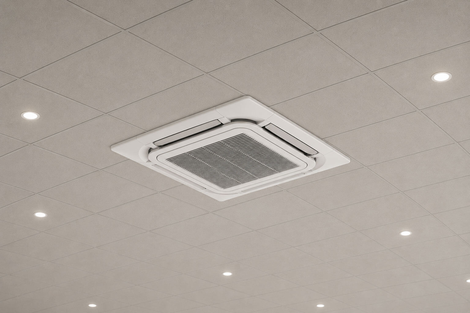 Aire acondicionado tipo cassette montado en techo de espacio comercial